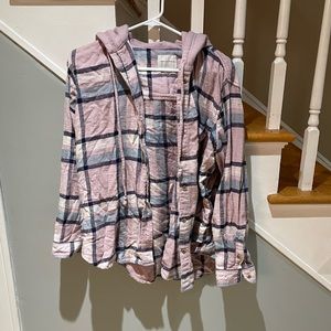 American Eagle Pink & Purple Oversized Hooded Flannel